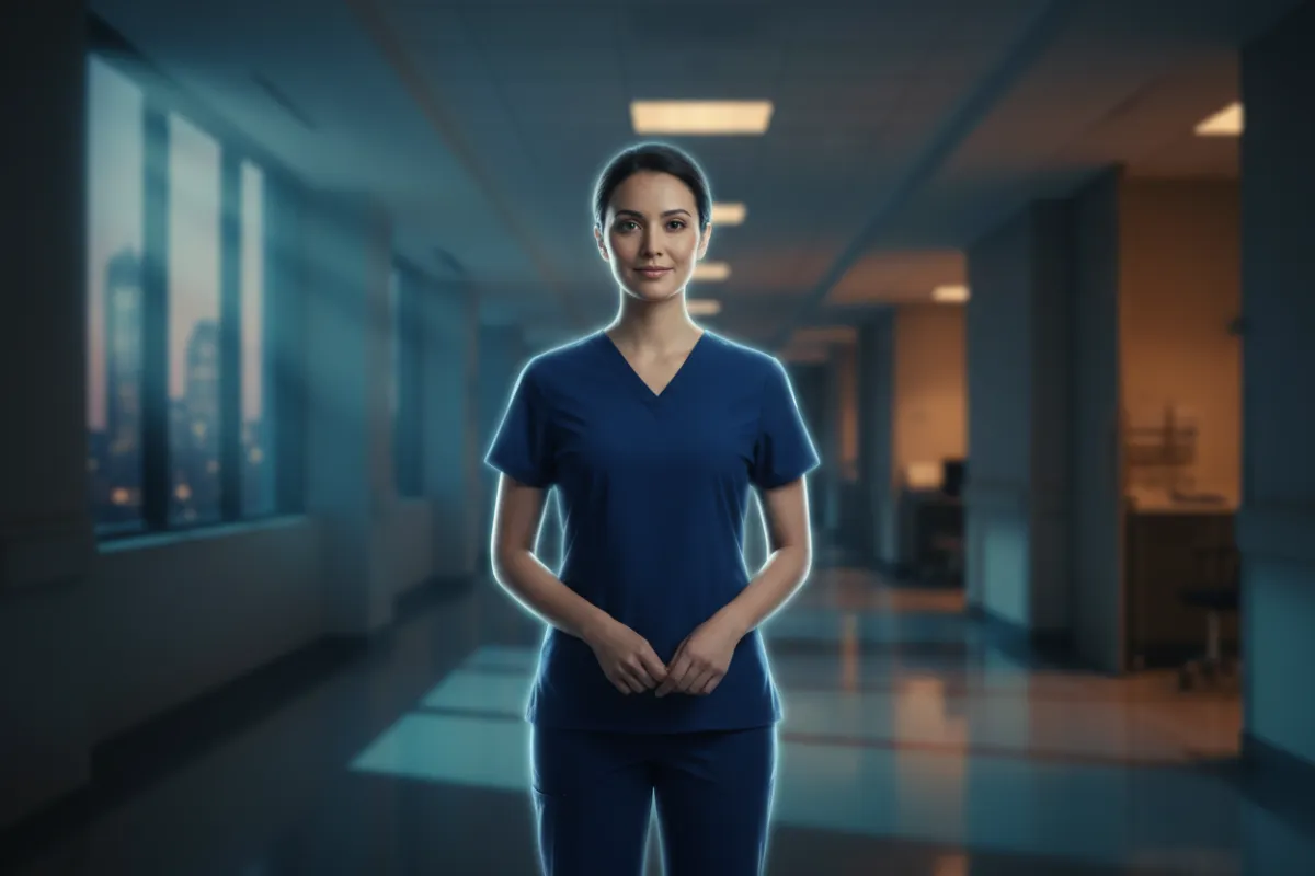 Cinematic shot of a nurse in a calm healthcare environment
