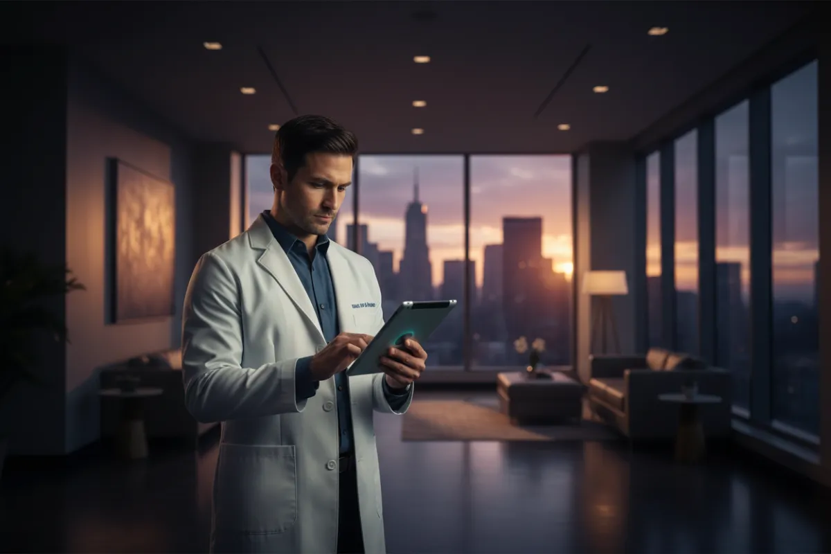 Cinematic shot of a physician reviewing details