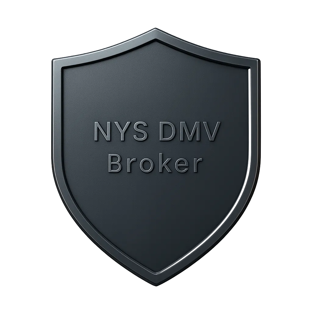 Professional integrity shield and NYS DMV broker trust symbol