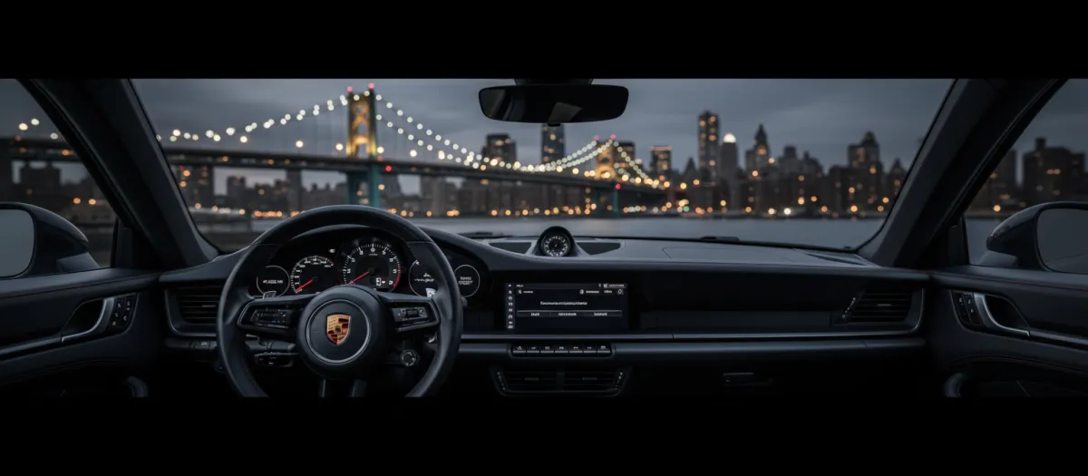 Cinematic view of a Porsche dashboard overlooking the Queensboro Bridge at night
