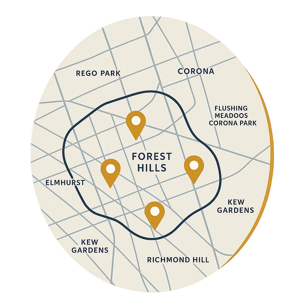 Stylized map graphic highlighting the Forest Hills and Queens service areas