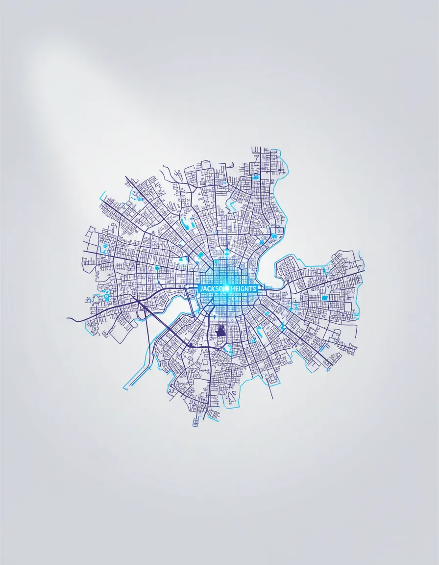 Sleek map and architectural view of Queens, NY highlighting Jackson Heights service area