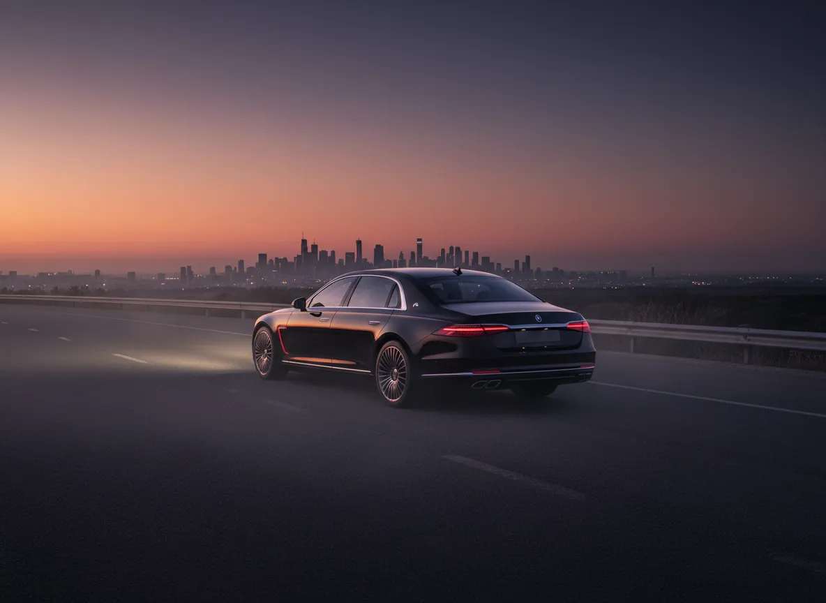 Low key lighting over a luxury vehicle on an open road