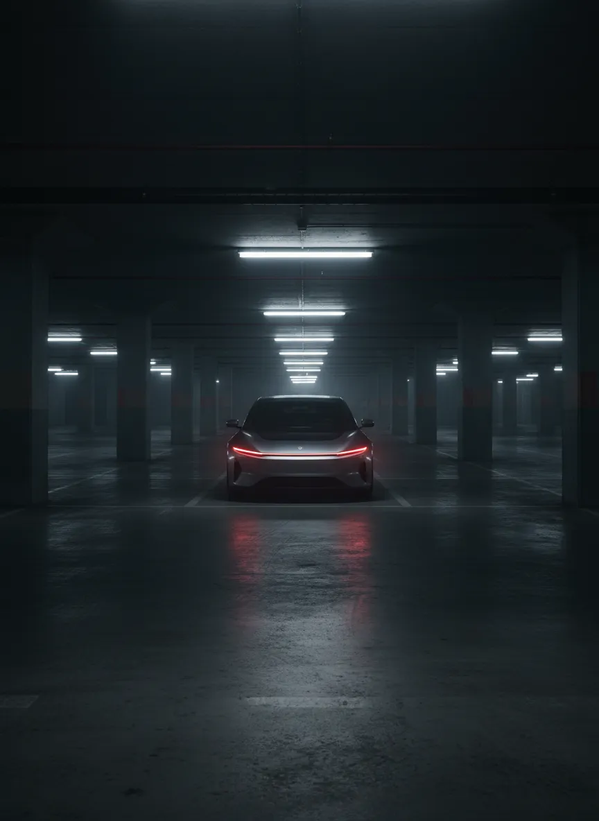Dimly lit NYC parking garage with a parked EV