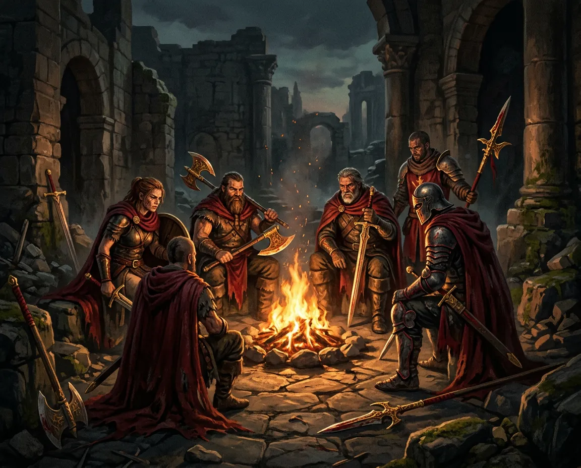 A battle-hardened dark fantasy warband gathered around a glowing campfire in stone ruins