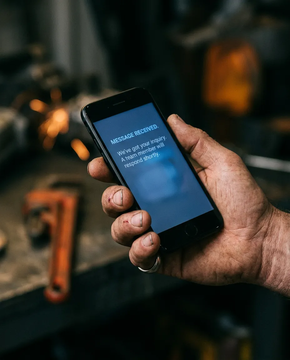 Smartphone displaying automated instant text response capturing a missed customer call