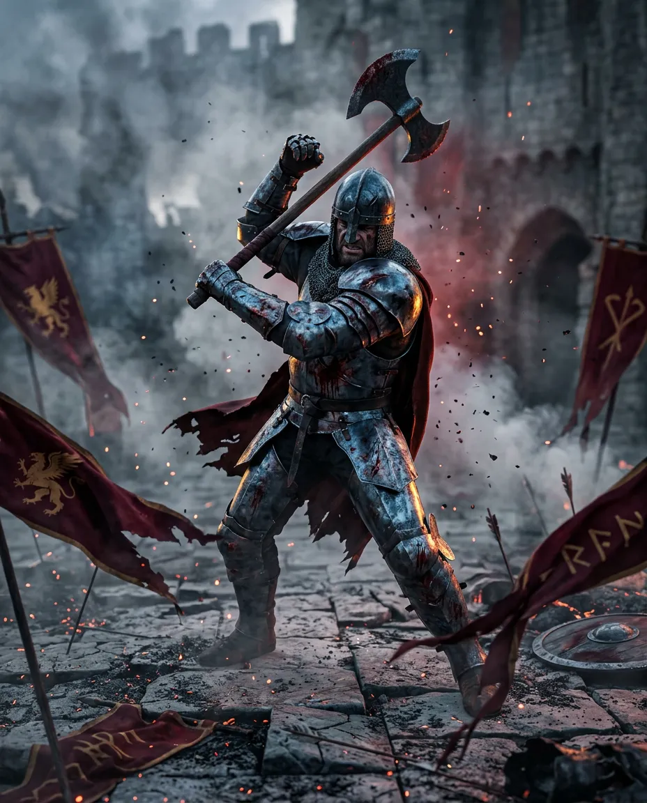 Brutal fantasy warrior covered in blood and battle armor wielding a heavy axe in combat