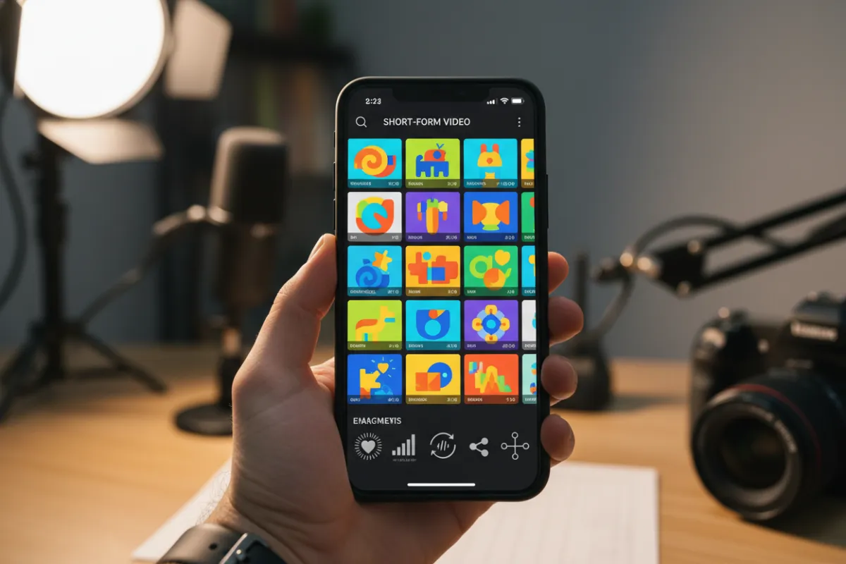 Creator’s phone screen showing short-form video thumbnails, bright colors, and engagement metrics
