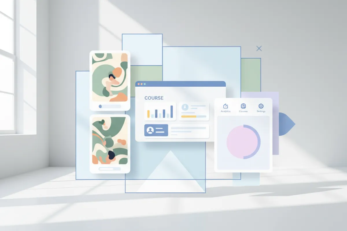 Collage of course screenshots, reels thumbnails, and dashboard in a modern, bright 3:2 layout