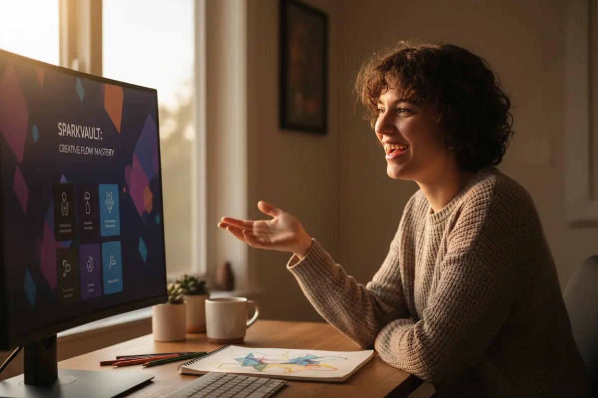 A smiling creative showing their workspace and a SparkVault course open on screen