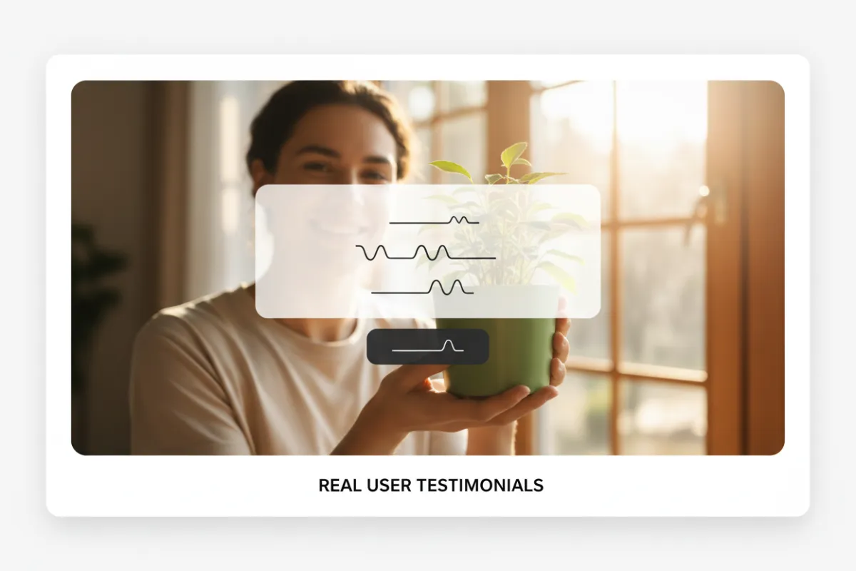 Screenshot-style testimonial card showing a user testimonial overlayed on a short-form video thumbnail, photorealistic, 3:2 aspect ratio.