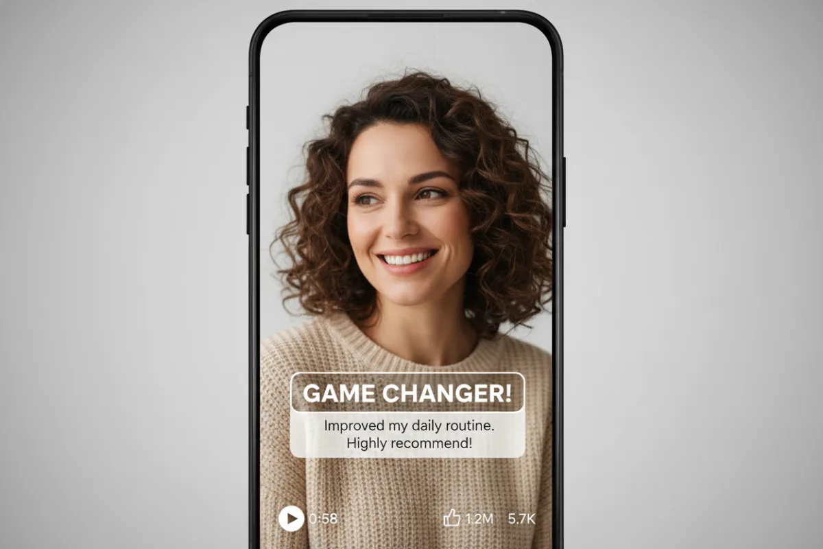 Screenshot of a second customer testimonial, mobile video thumbnail with caption and engagement stats, photorealistic, 3:2 aspect ratio.