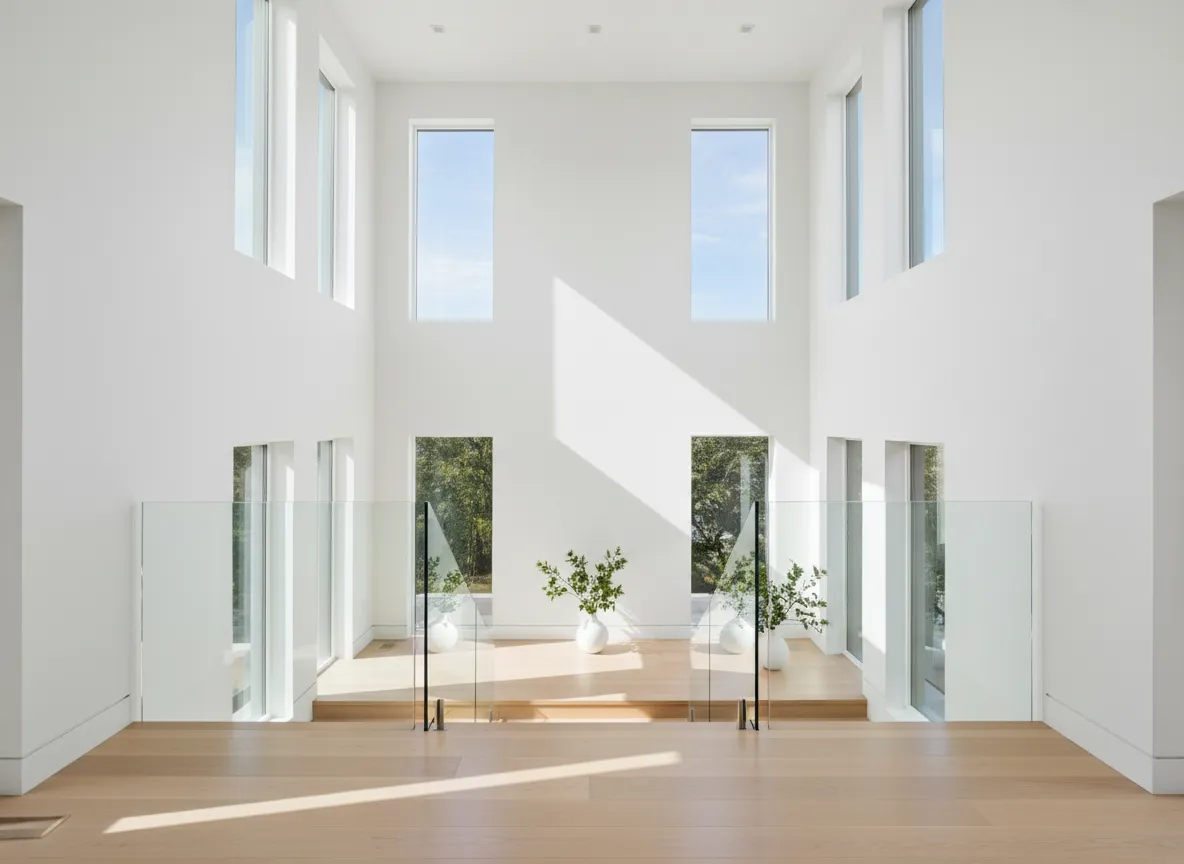 Spotless three-story home staircase and landing after professional residential cleaning services