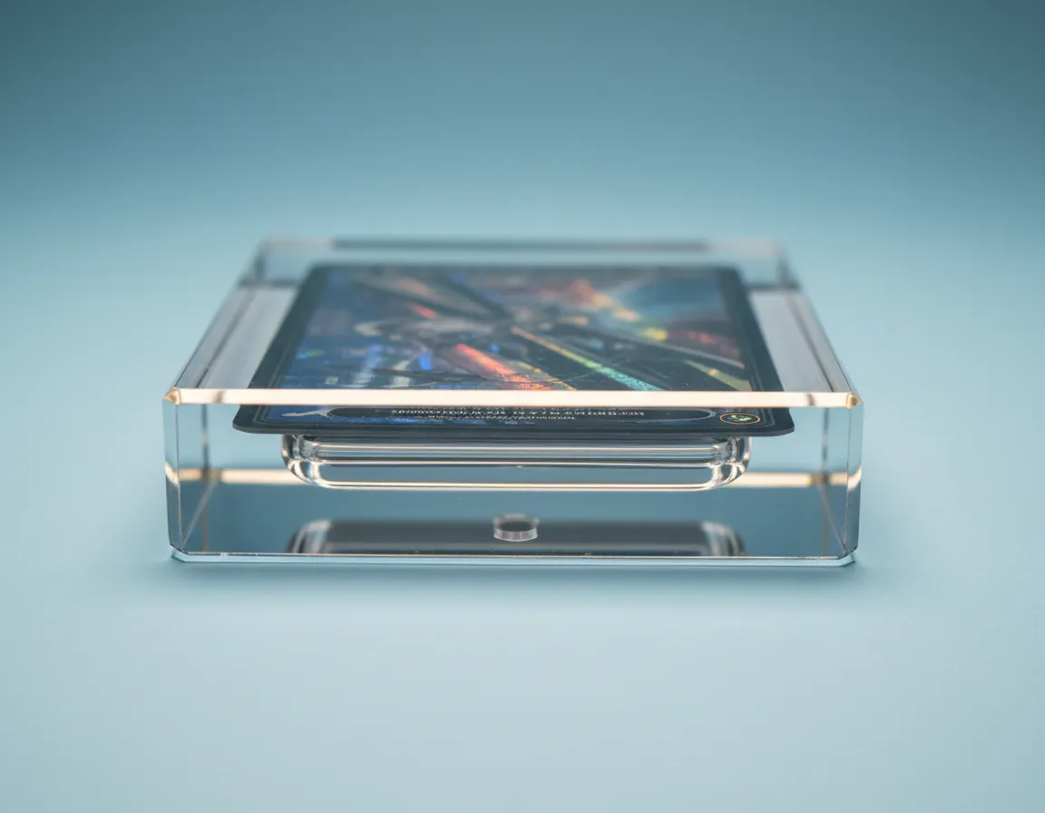 The crystal-clear, reinforced, heavy-duty MythGuard Vault protecting a premium trading card