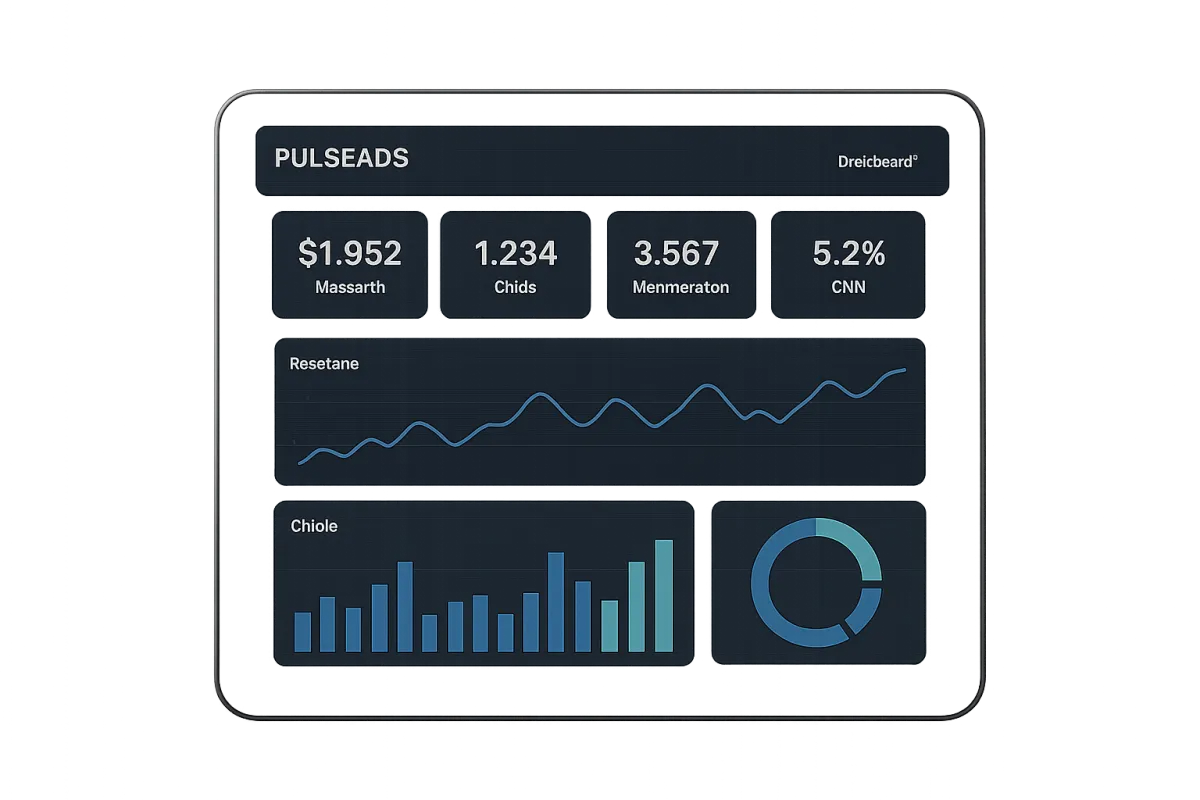 PulseAds performance dashboard on a tablet device, isolated on black background