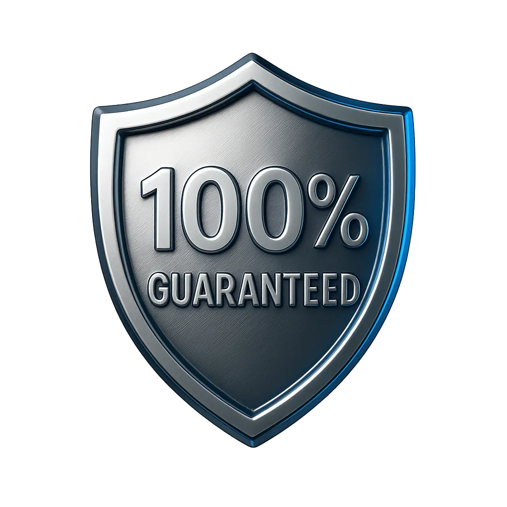 Fintech security shield and 100% satisfaction guarantee badge