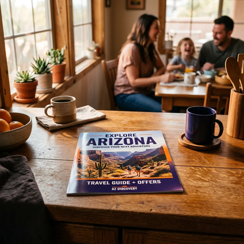 Lifestyle photo of a family reviewing a premium glossy cooperative mail flyer on a warm wooden kitchen counter in Sierra Vista