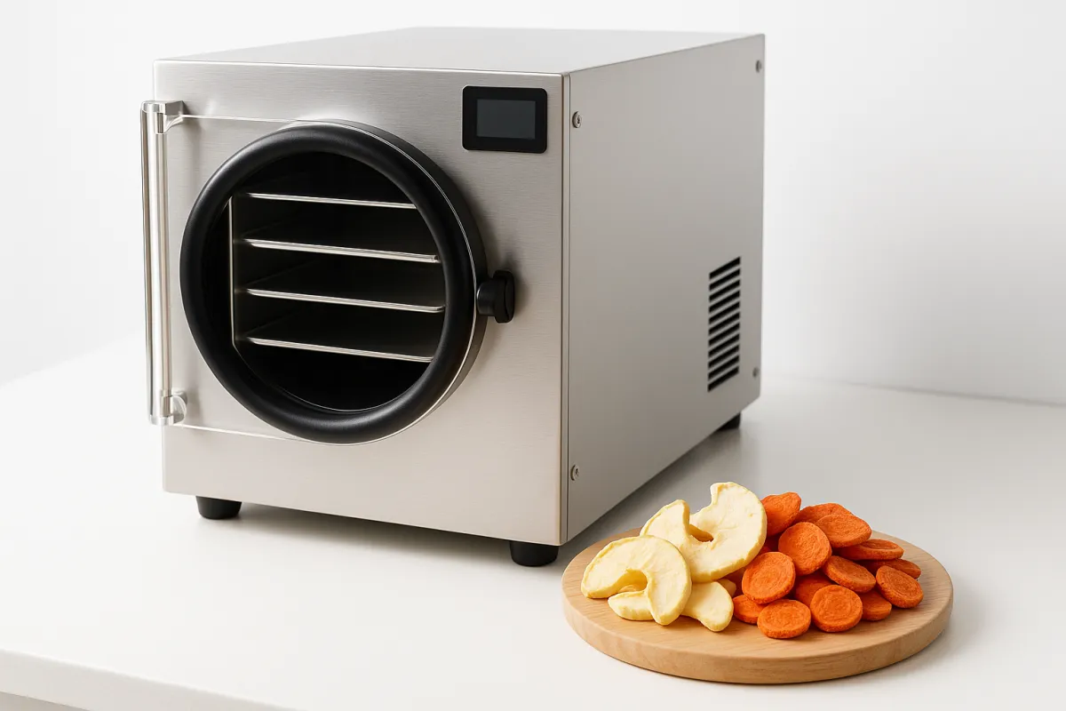 Countertop freeze-dryer with freeze-dried apple and carrot chips on a wooden board, studio lighting.