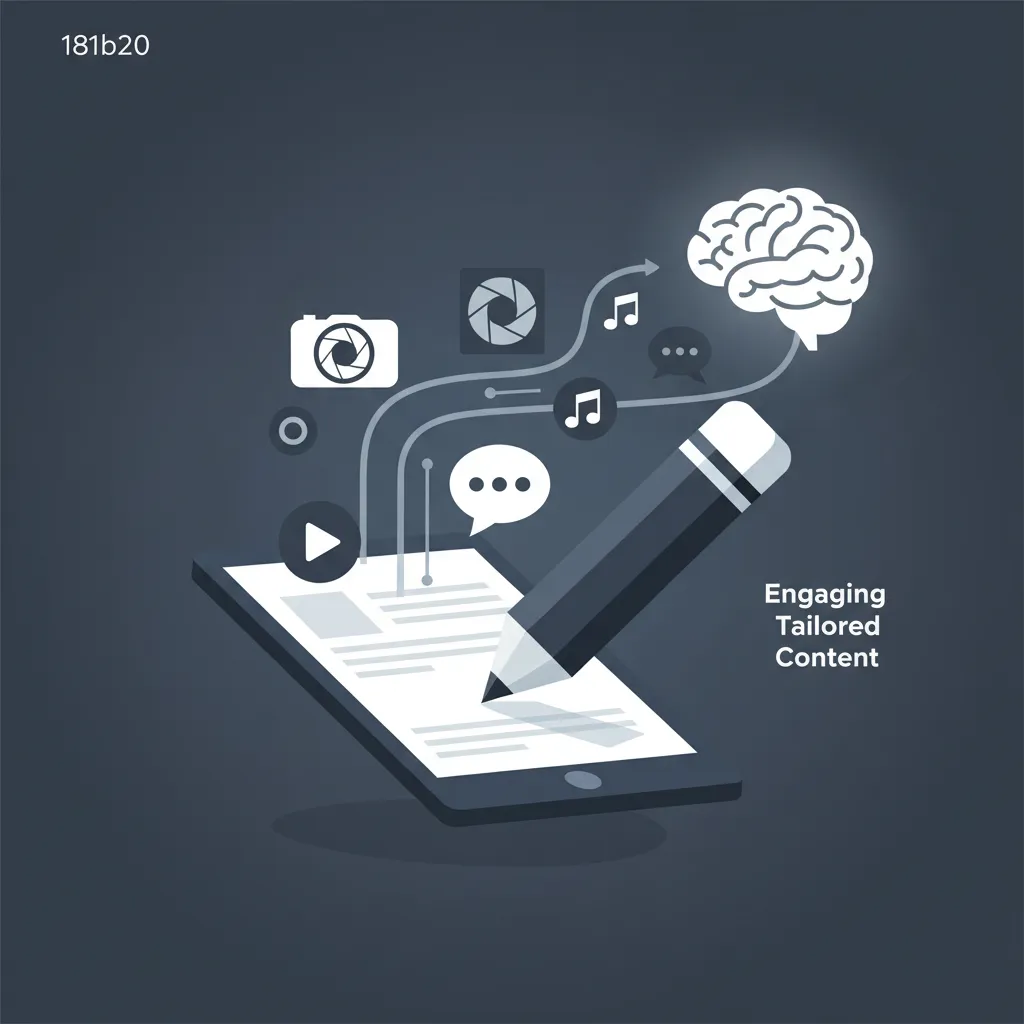 Content creation tools (pencil, document, media) representing crafted content