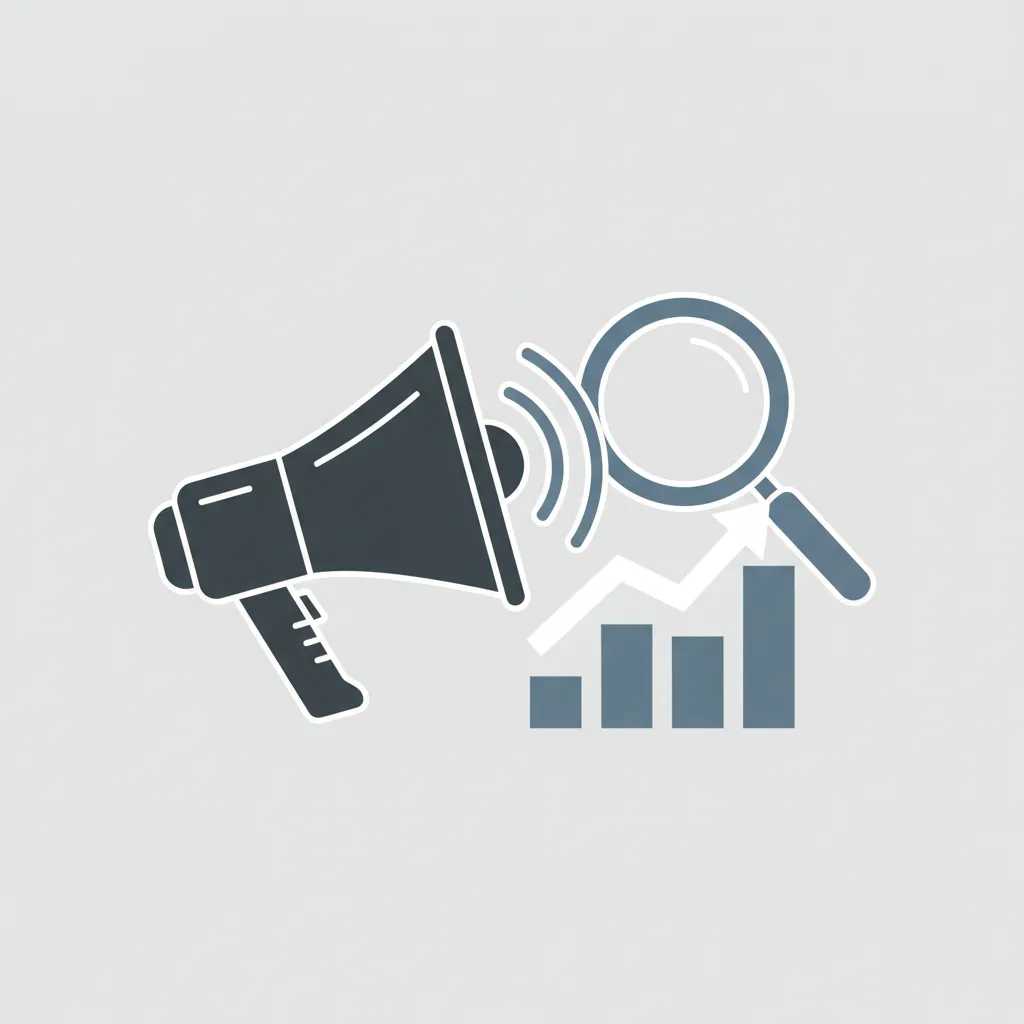 Megaphone, magnifier, and upward chart representing boosted visibility and marketing