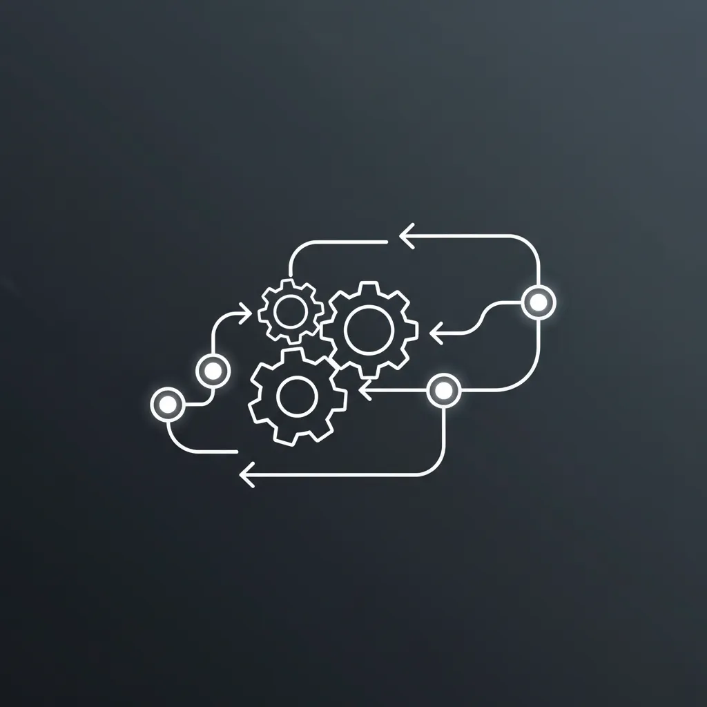 Abstract workflow diagram with connected nodes and gears representing automation