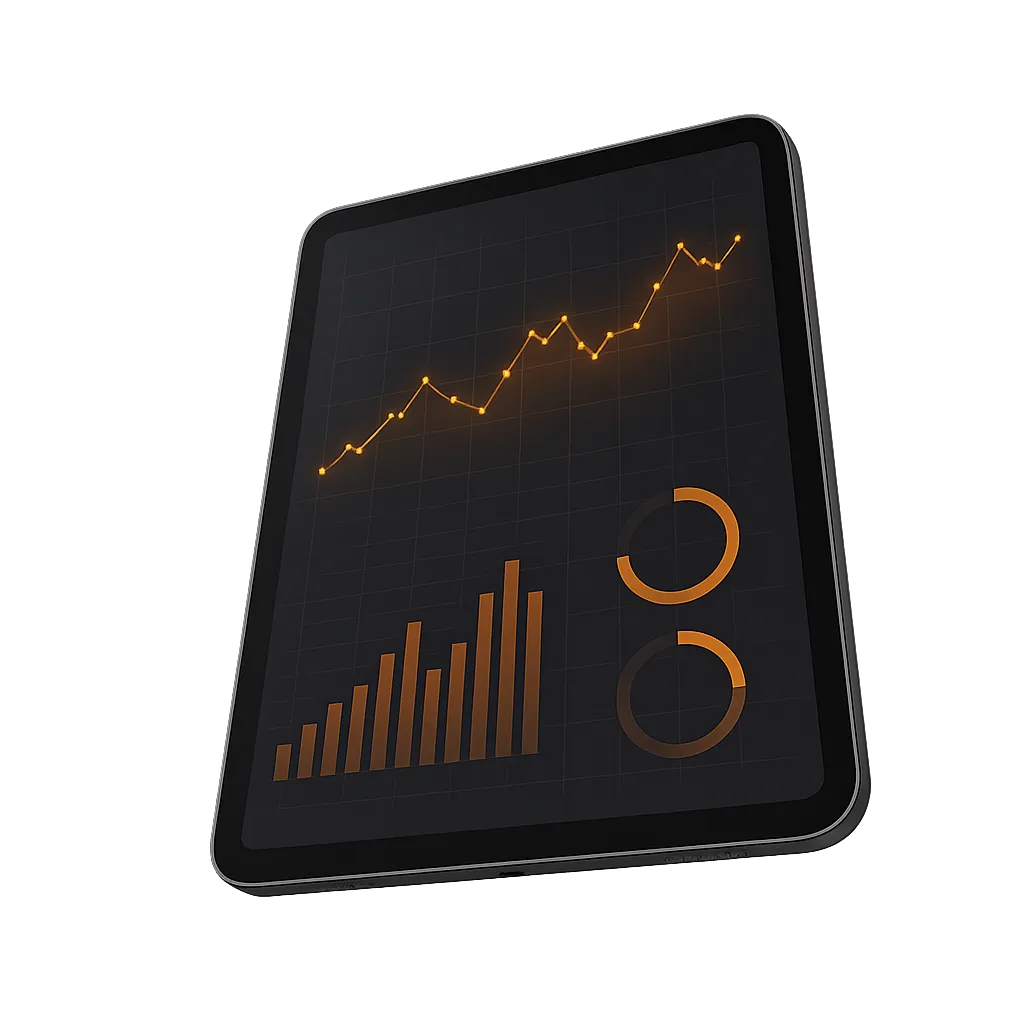 High-fidelity modern tablet device floating elegantly, screen showing a highly polished technical business dashboard