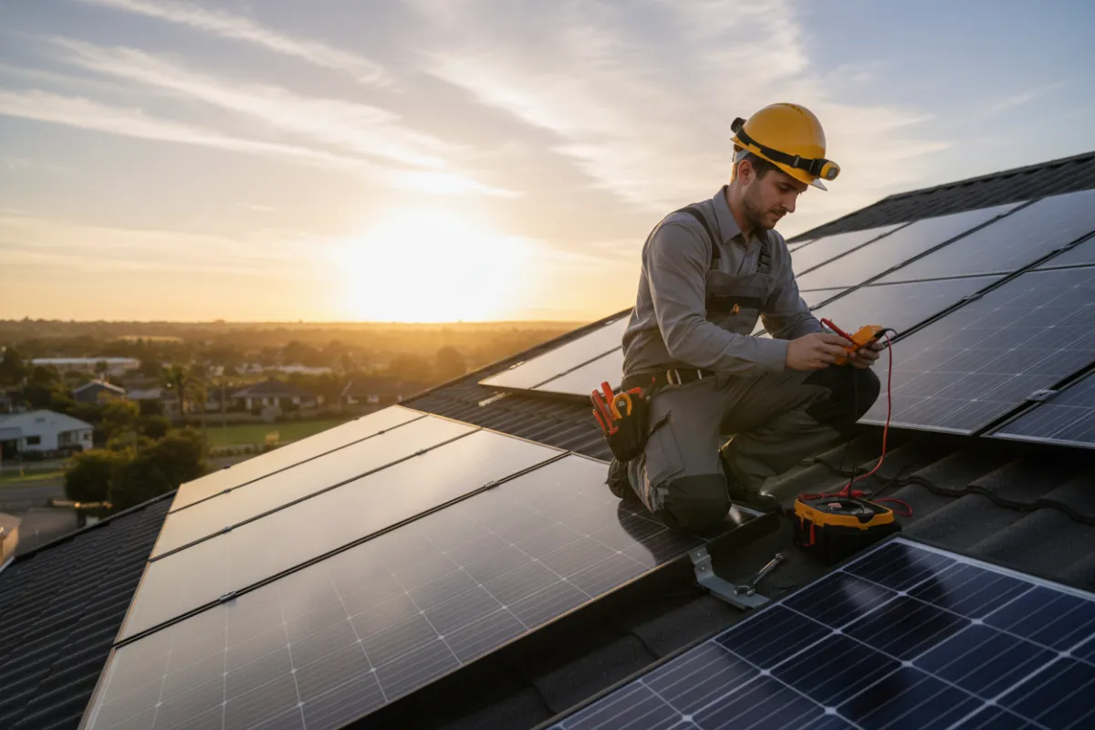 Solar panel worker inspecting roof installation