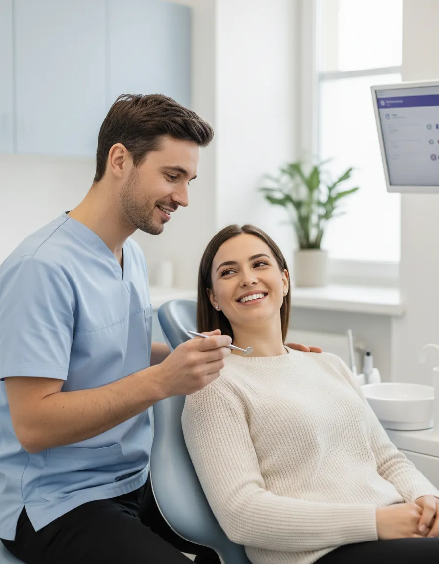 Smiling patient with dentist at BrightSmile Dental Care