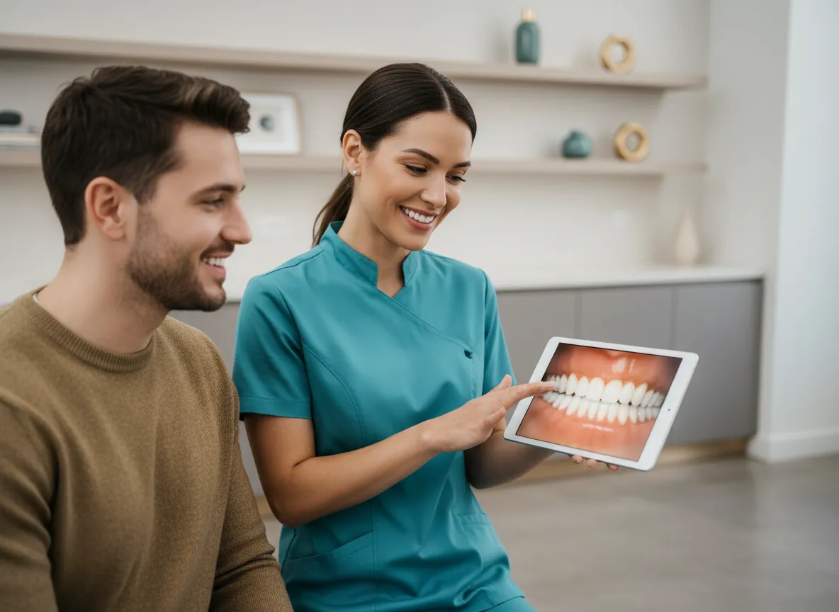 Dentist showing patient an x-ray on screen