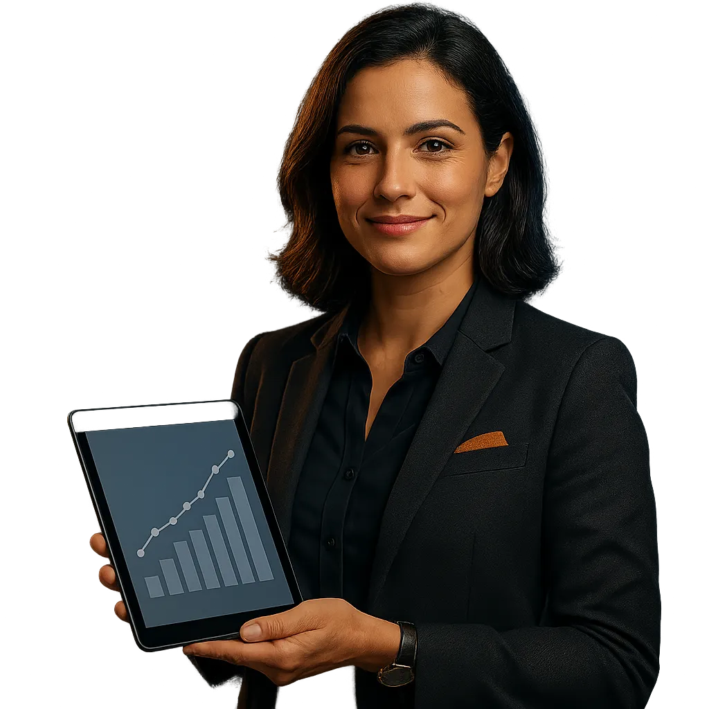 Confident small business owner reviewing thriving growth analytics with strategic marketing team