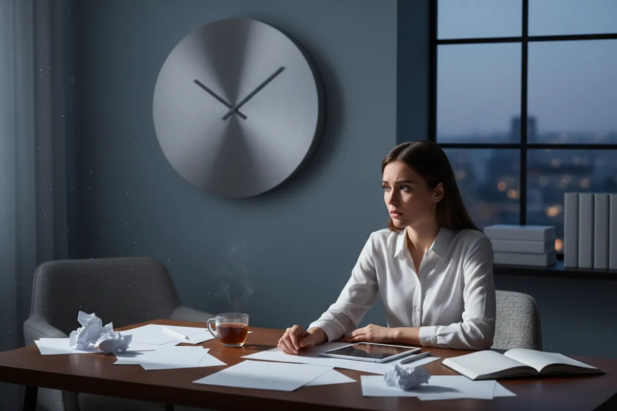 A conceptual photo of a young woman gazing at a wall clock, papers scattered on her desk, her expression thoughtful and slightly anxious. The background is a softly lit home office, with muted blue and gray tones, evoking a sense of time slipping away.