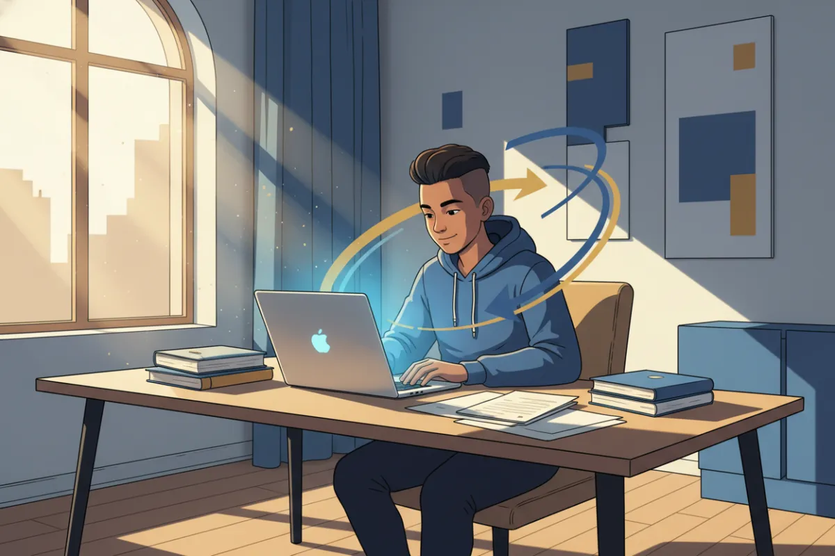 A vibrant, modern illustration of a diverse young adult sitting at a desk, surrounded by organized notes and a glowing laptop, sunlight streaming through a window, symbolizing focus and productivity. The scene is energetic, with blue and gold accents, and conveys a sense of accomplishment.