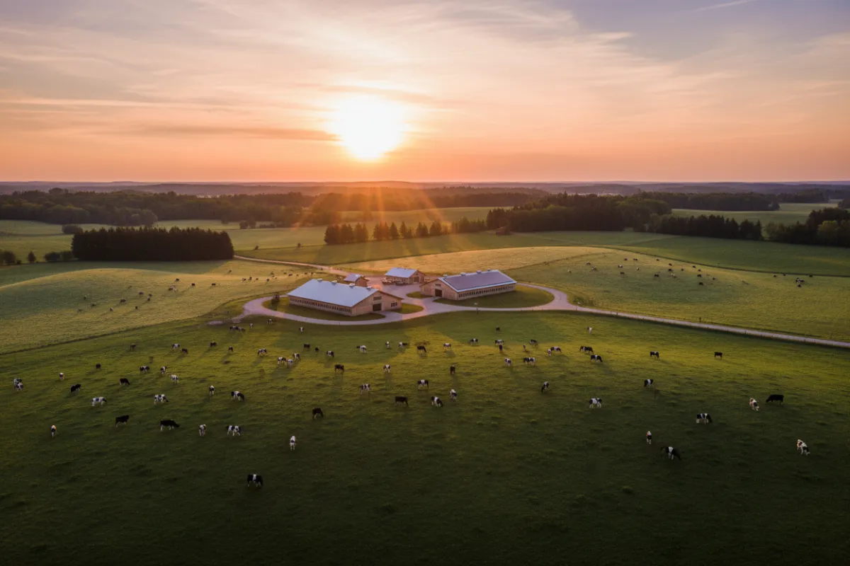 Aerial view of Rosegaar Dairy's lush green pastures with cows grazing, modern barn structures, and a sunrise over rural Ontario, captured in a vibrant, naturalistic style.