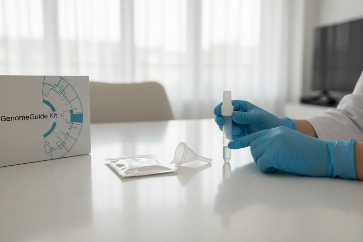 Clinician-guided at-home saliva DNA kit GenomeGuide box and sample tube on a clean white surface