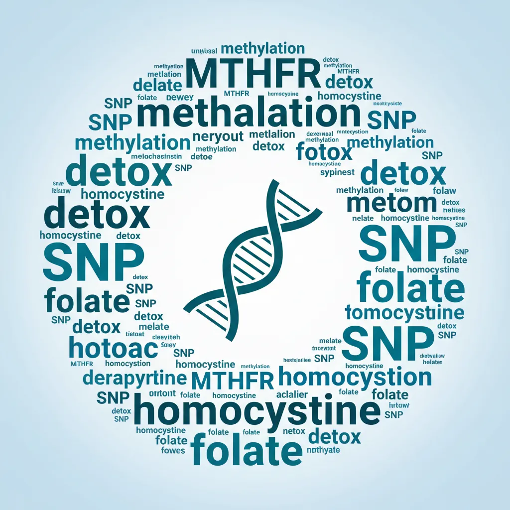 Circular word cloud illustrating genetic terms like MTHFR, methylation, detox, SNP, homocysteine, and folate around a DNA helix.
