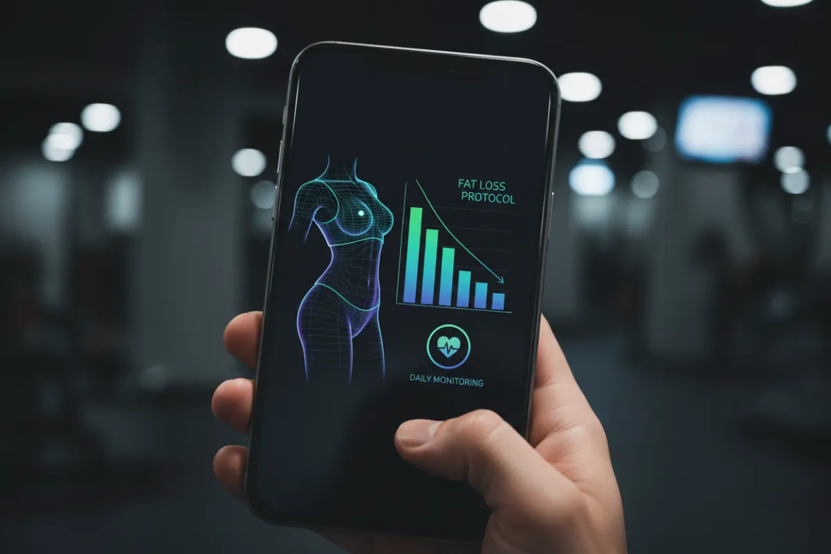 Slim waistline and fitness tracking overlay on smartphone, visualizing body fat reduction outcomes.