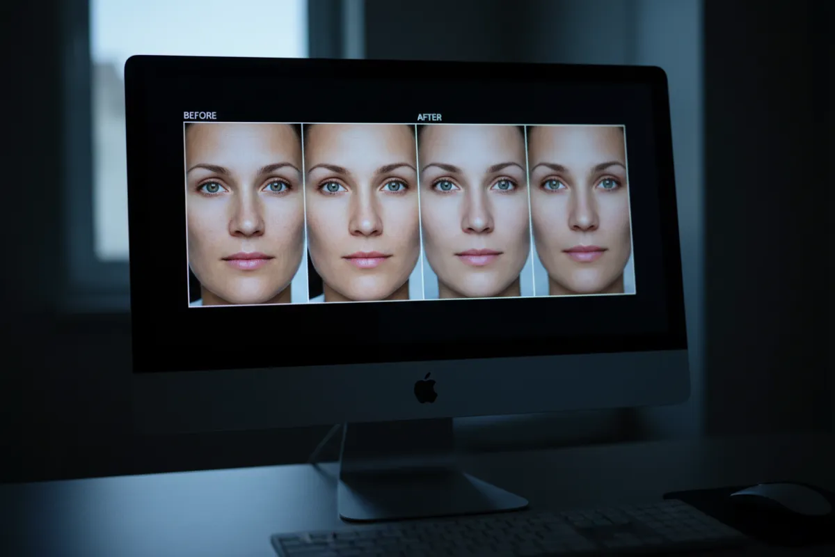 Clinical desktop with before-and-after skin imaging thumbnails on a monitor.