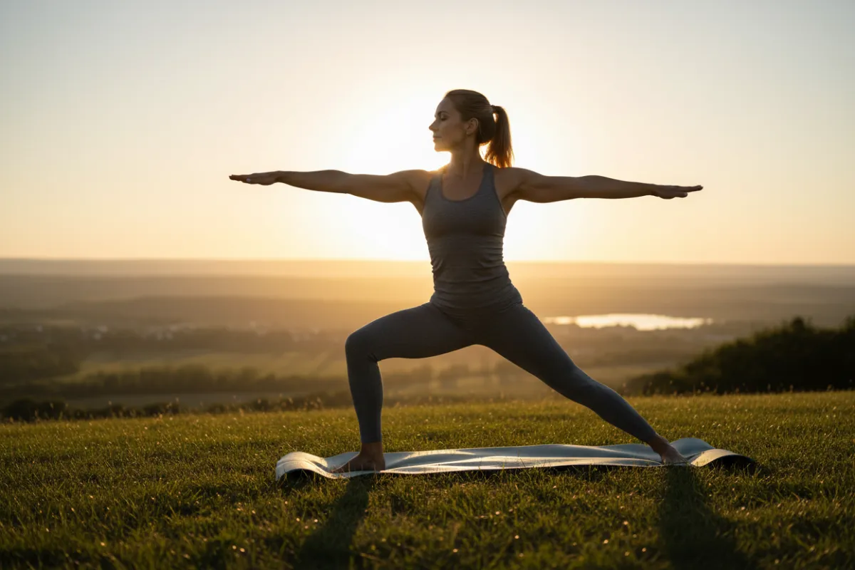 Athletic middle-aged person performing low-impact mobility exercise, highlighting recovery and healing.