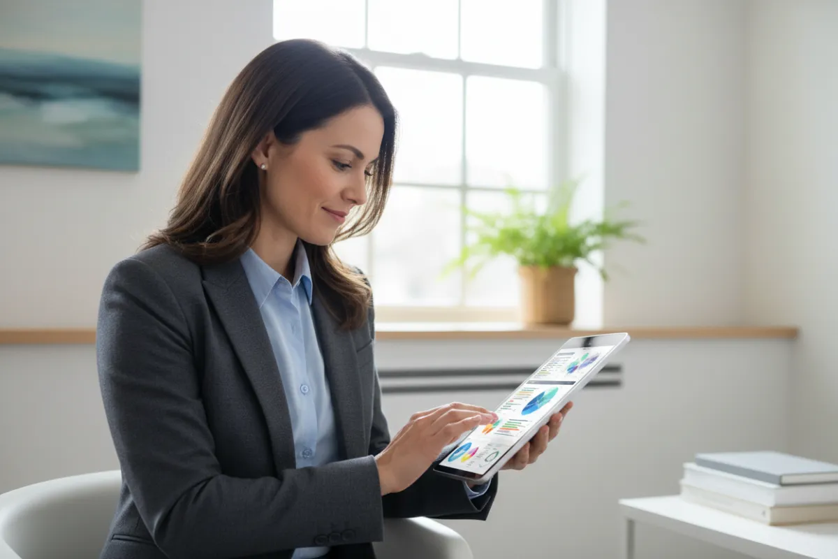 Clinician in a modern telehealth setting reviewing a genetic report on a tablet