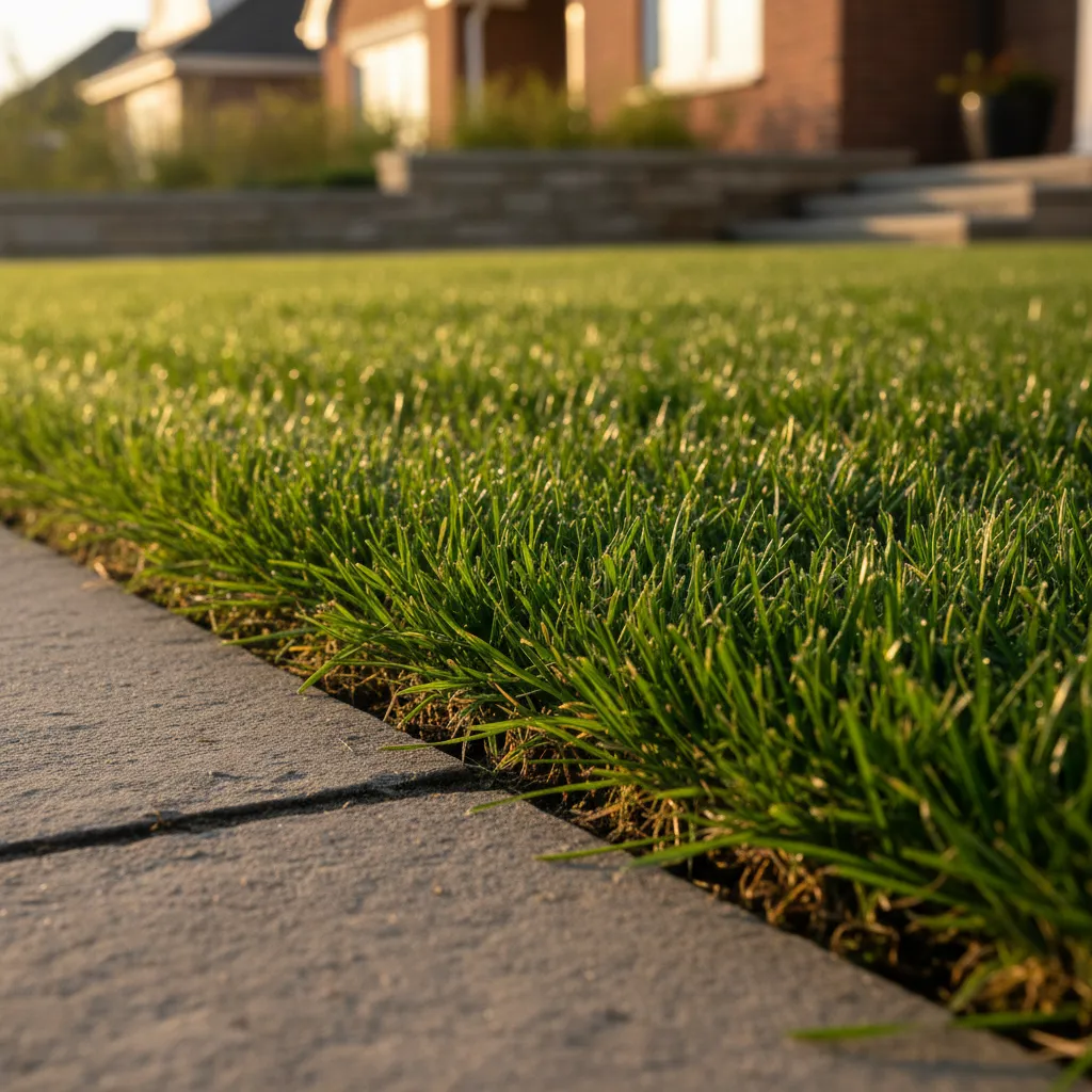 Close-up of a vibrant, freshly mowed lawn with crisp edges, sunlight highlighting the healthy green grass, no people visible, residential setting, high detail, 1:1 aspect ratio.