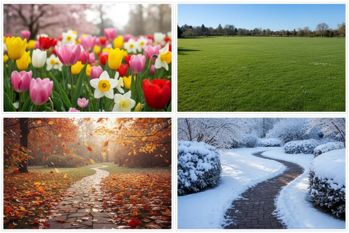A four-panel collage: spring flowers, summer green lawn, autumn leaves, and winter snow on a walkway, each panel distinct, no people, vibrant and seasonal, 3:2 aspect ratio.