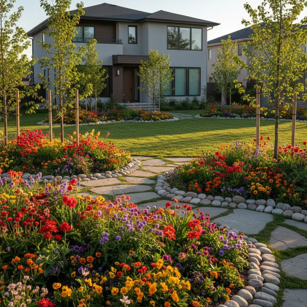 A modern landscape design featuring new flower beds, decorative stone borders, and young trees, late afternoon light, suburban home, no people, vibrant colors, 1:1 aspect ratio.