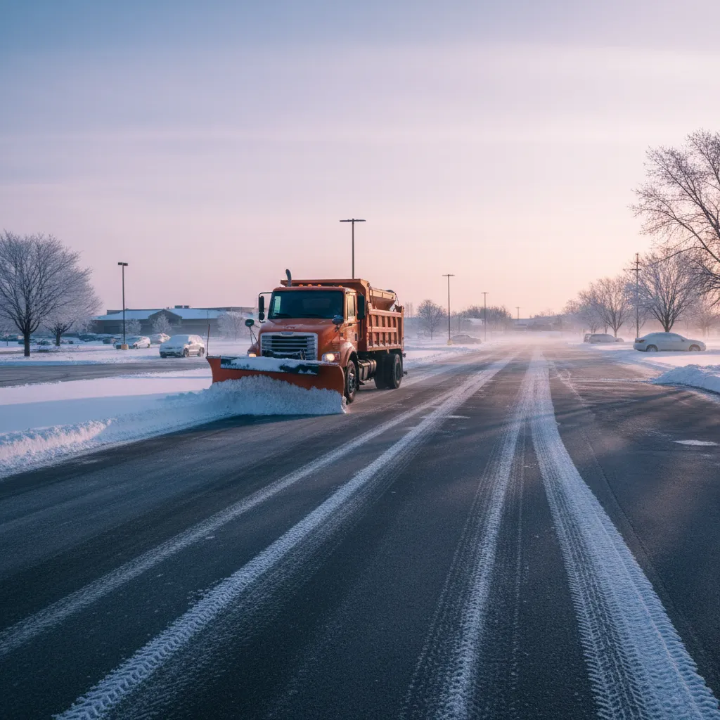 A snow removal truck clearing a commercial parking lot at dawn, fresh snow, visible tire tracks, no people, Saint Charles County, crisp winter atmosphere, 1:1 aspect ratio.