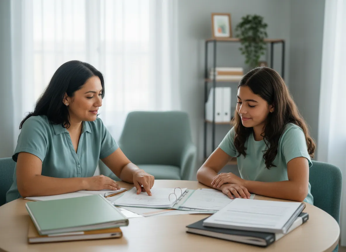 Parent and child sitting with a bilingual consultant reviewing school documents