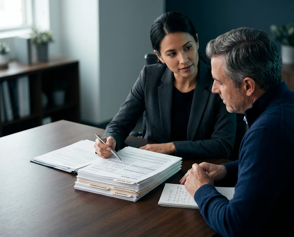 Financial advisor reviewing multiple insurance policy documents with client at a conference table