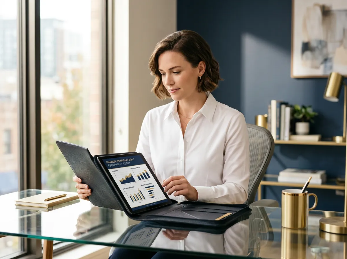Young professional reviewing financial portfolio on tablet in modern office
