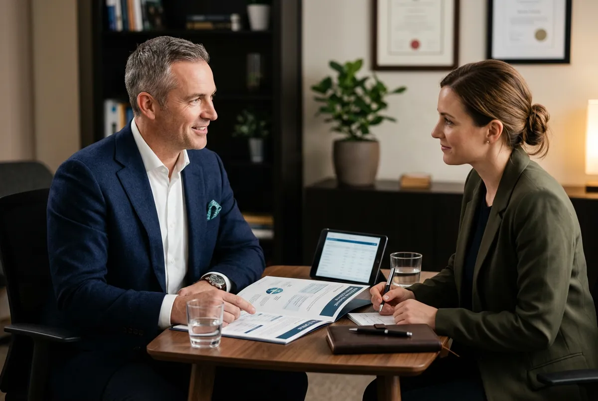 Financial advisor in a one-on-one consultation meeting reviewing life insurance policy options
