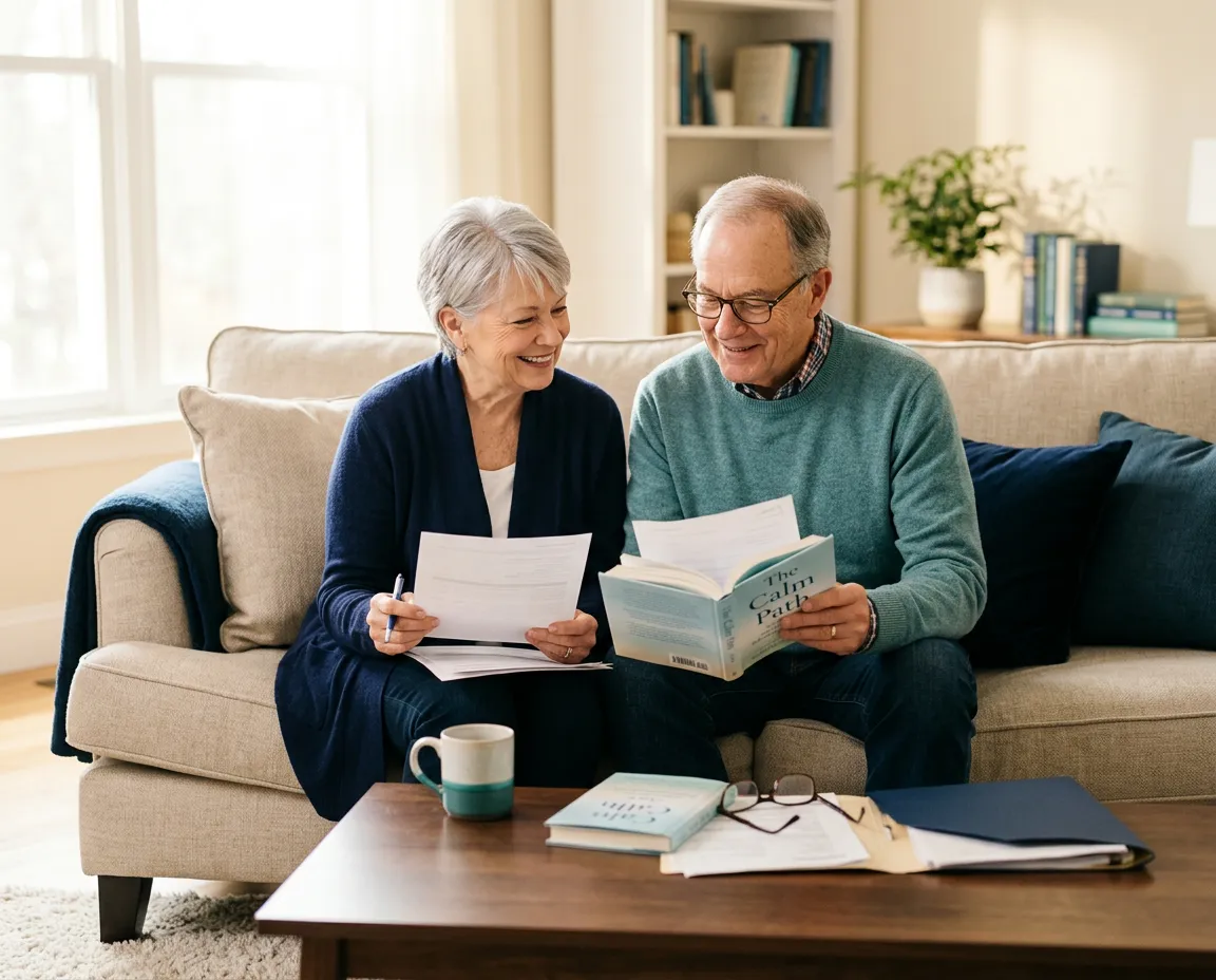 Warm and relaxed older couple comfortably reviewing family plans and reading together in their sunlit home