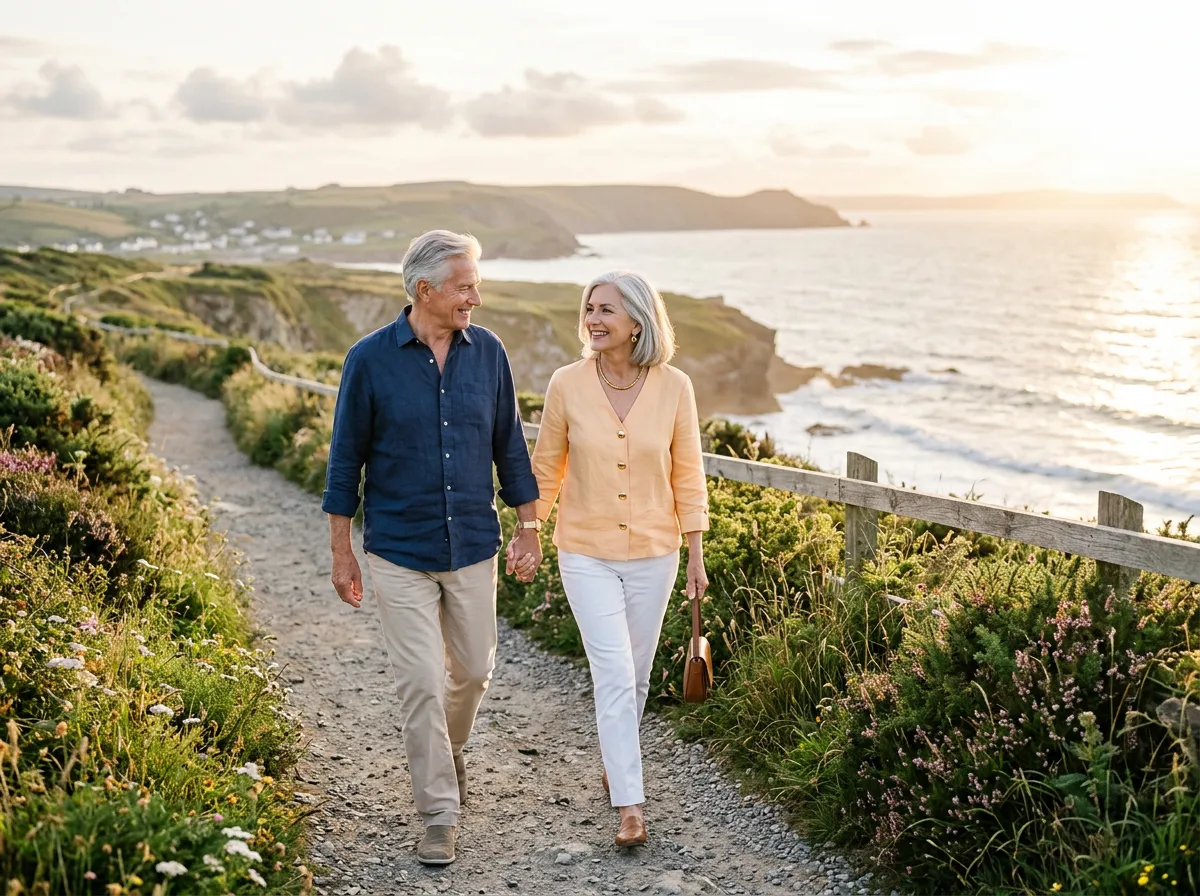 Active mature couple enjoying serene coastal walk during comfortable retirement