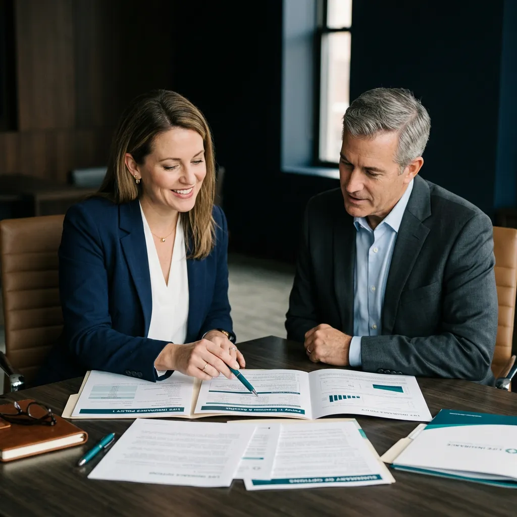 Financial advisor analyzing multiple life insurance policy portfolio documents with client